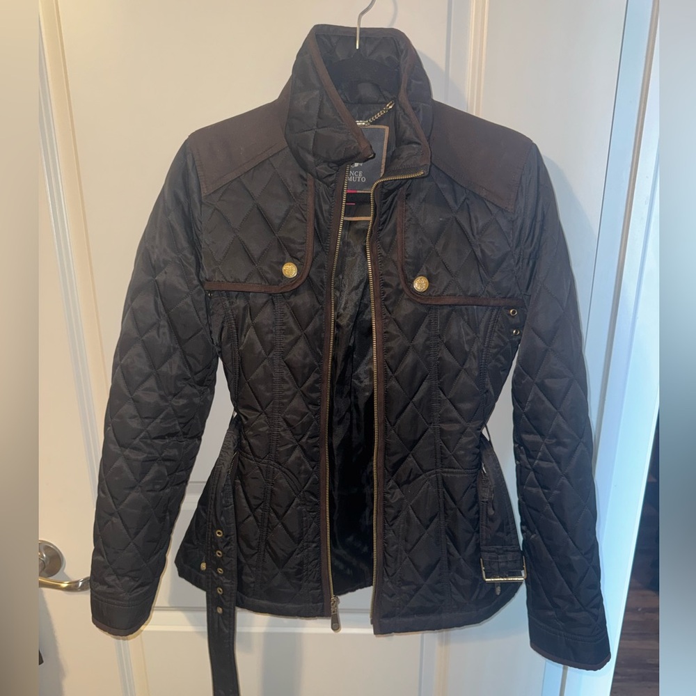 Vince Camuto Black Quilted Utility Jacket with Brown Trim